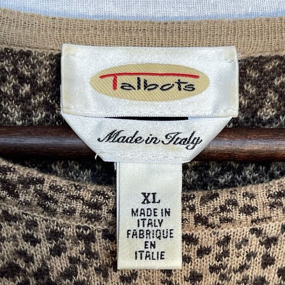Talbots Tee Top Women Size XL Brown Animal Print Short Sleeve Italy Made Wool - Picture 2 of 11